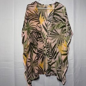 Francesca's Palm Leaf Kimono Wrap S Pink Tropical Crochet Trim Coverup